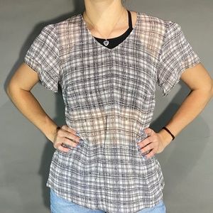 Cabi Black/White Plaid Sheer Short Sleeve Size XS